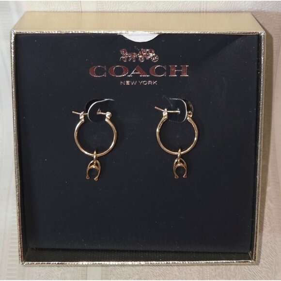Coach Hoop with C charm Earrings Gold Tone MSRP $85.00 Authentic NEW in Box - Picture 1 of 5